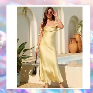 VGBNT Satin Floral Off The Shoulder Yellow Midi Dresses Size Small NWT
